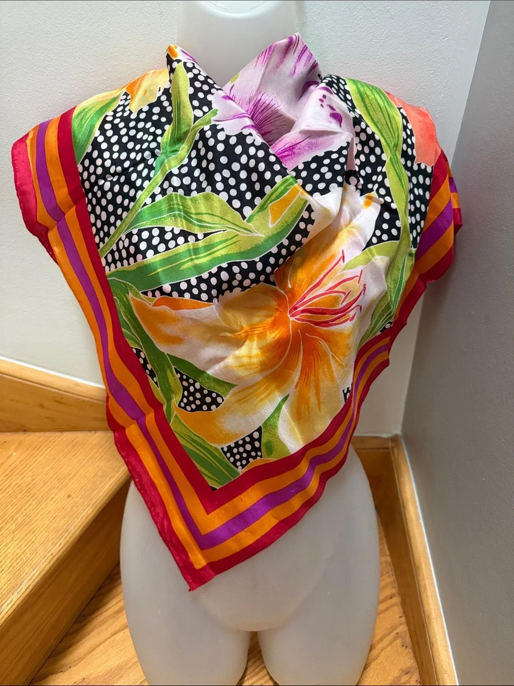Vintage Vibrant Tropical Floral & Polka Dot Silk Square Scarf